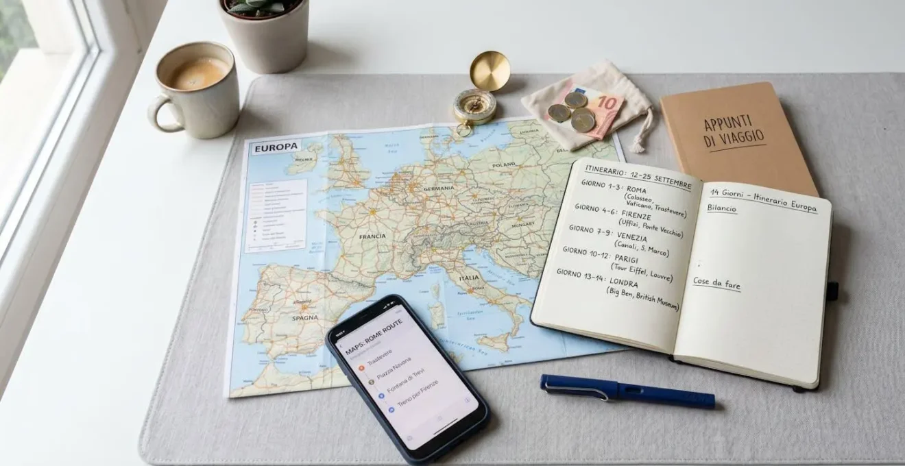 Tavolo ordinato con mappa dell'Europa, smartphone e notebook aperto per pianificare un viaggio